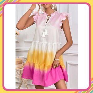 Tie Dye Frill Tie Neck Ruffle Hem Smock Dress – Size S